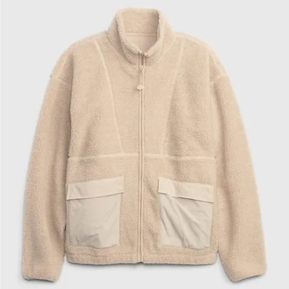 NWT GAP Men Sherpa Full-Zip Surplus Jacket Fleece Pockets Mockneck Beige $128 - Picture 5 of 8